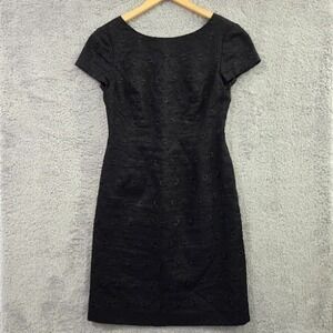 VTG Talbots Petite 4 Black Linen Eyelet Embroidered Sheath Dress Knee Length Zip